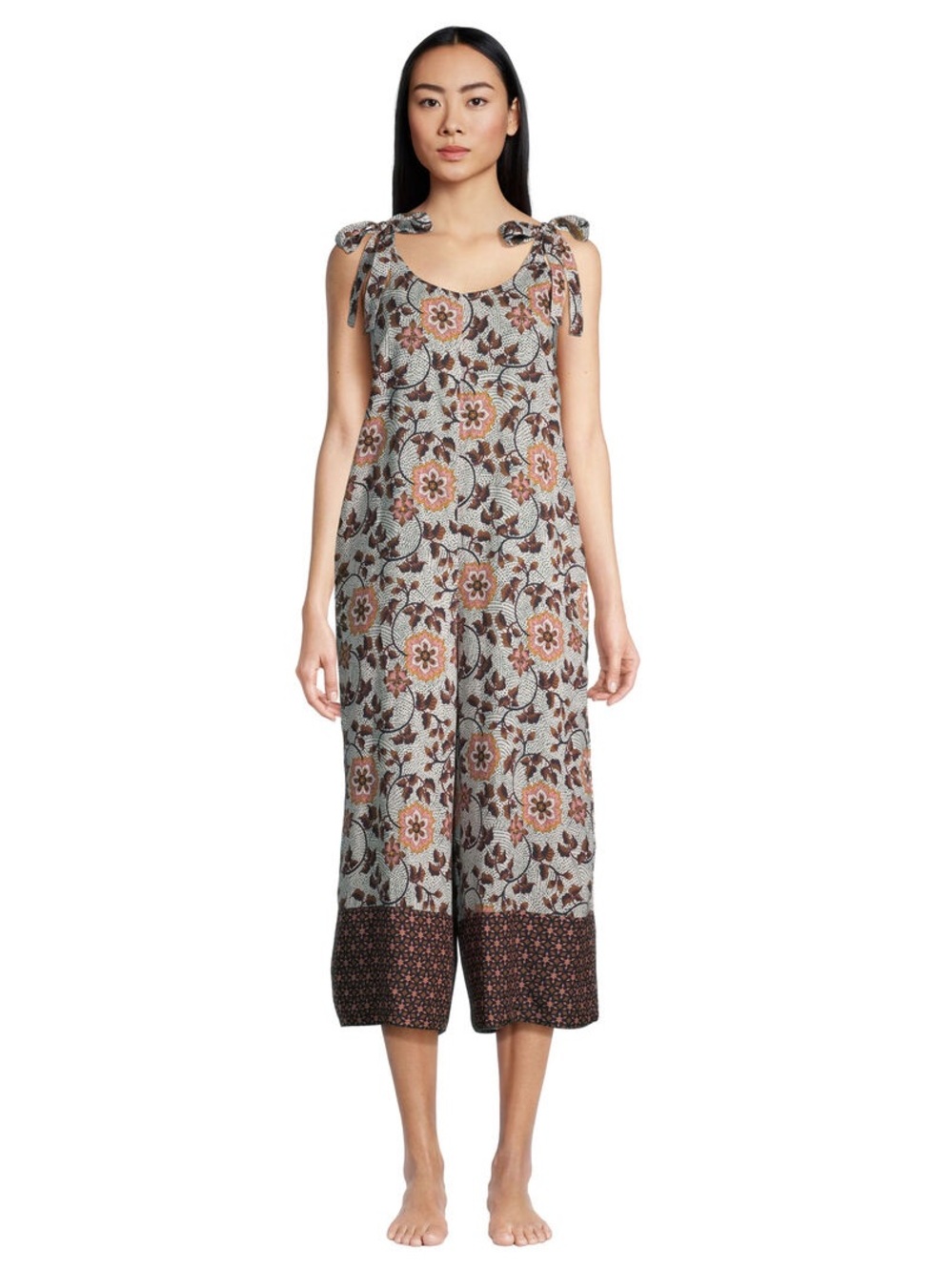 Isabella Peach And Brown Flowy Oversized Floral Boho Jumpsuit With Pockets S/M